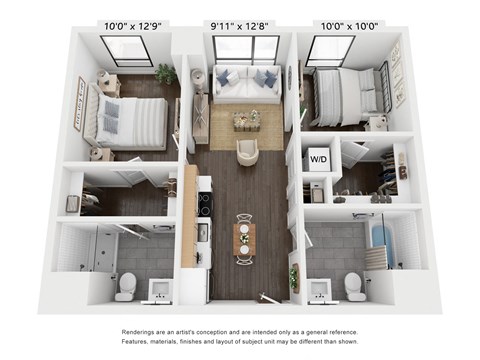 Floor plan for 2 beds, 2 baths, 742 sqft